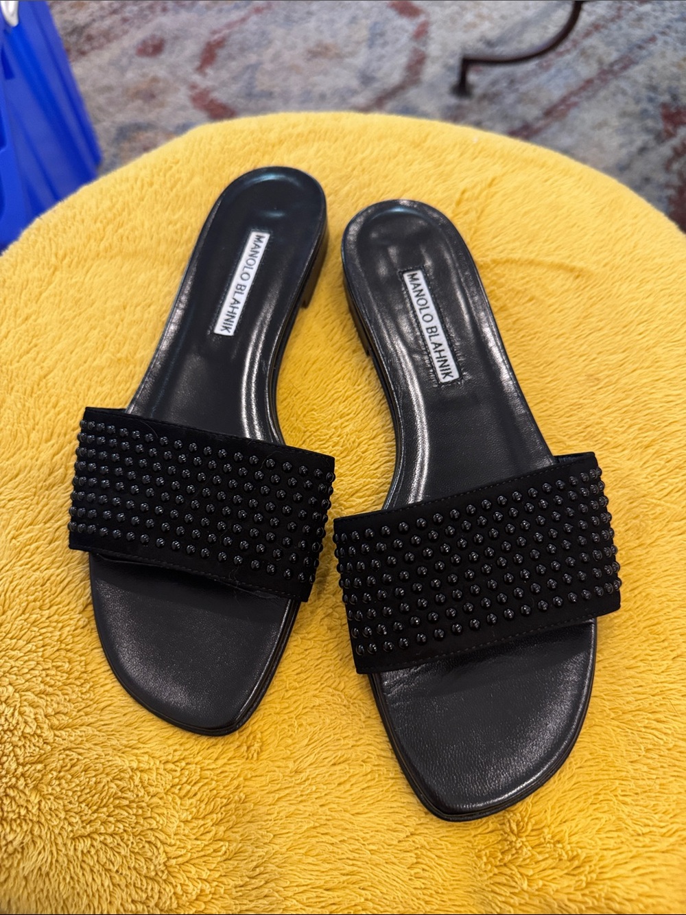 Manolo Blahnik Black Studded Slide Mules